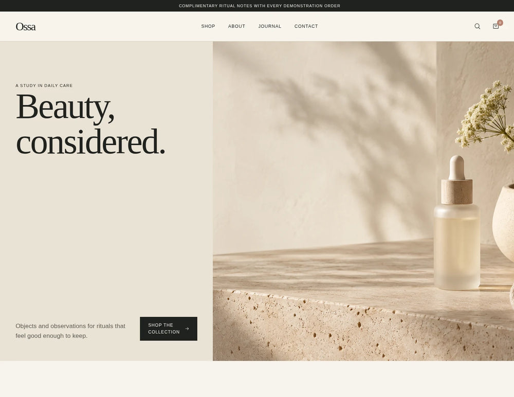 Ossa beauty website template — desktop homepage hero