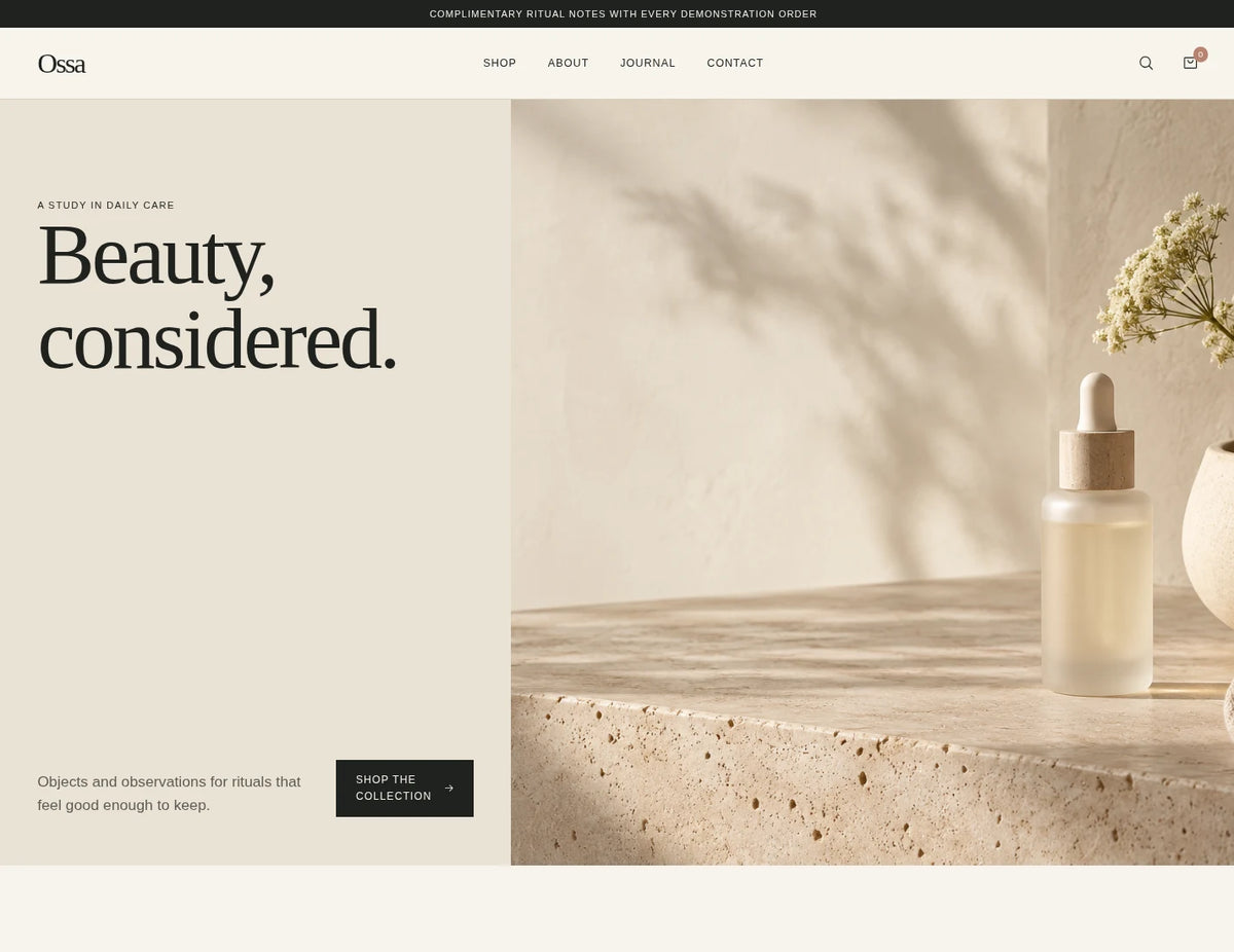 Ossa beauty website template — desktop homepage hero