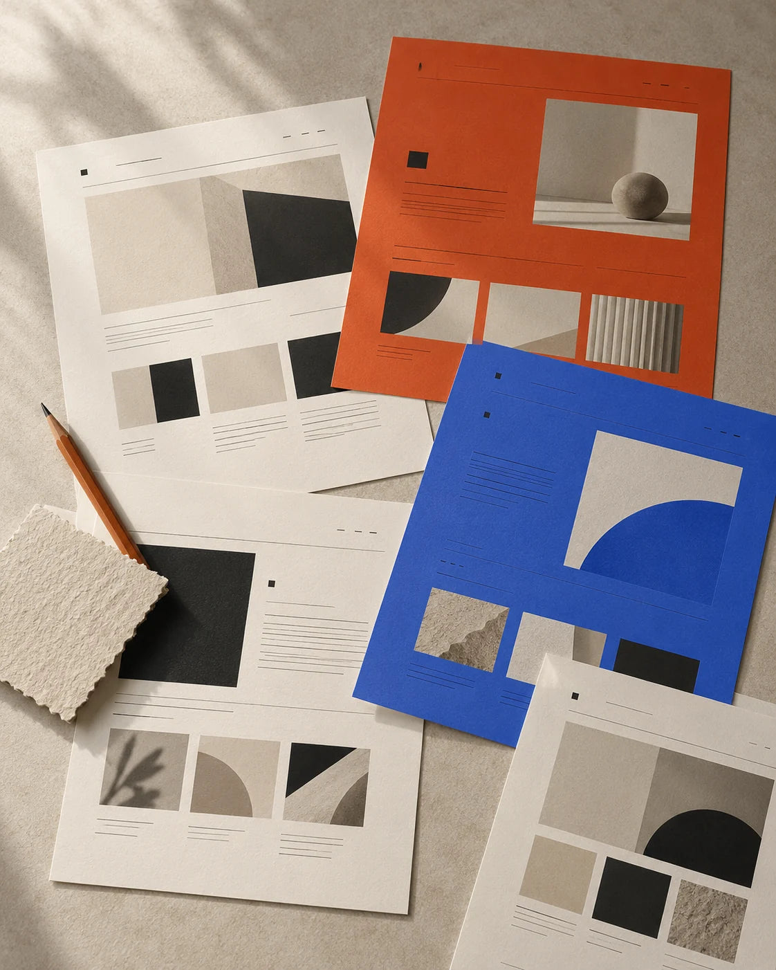 Printed layout studies on warm paper with ink, orange and cobalt details
