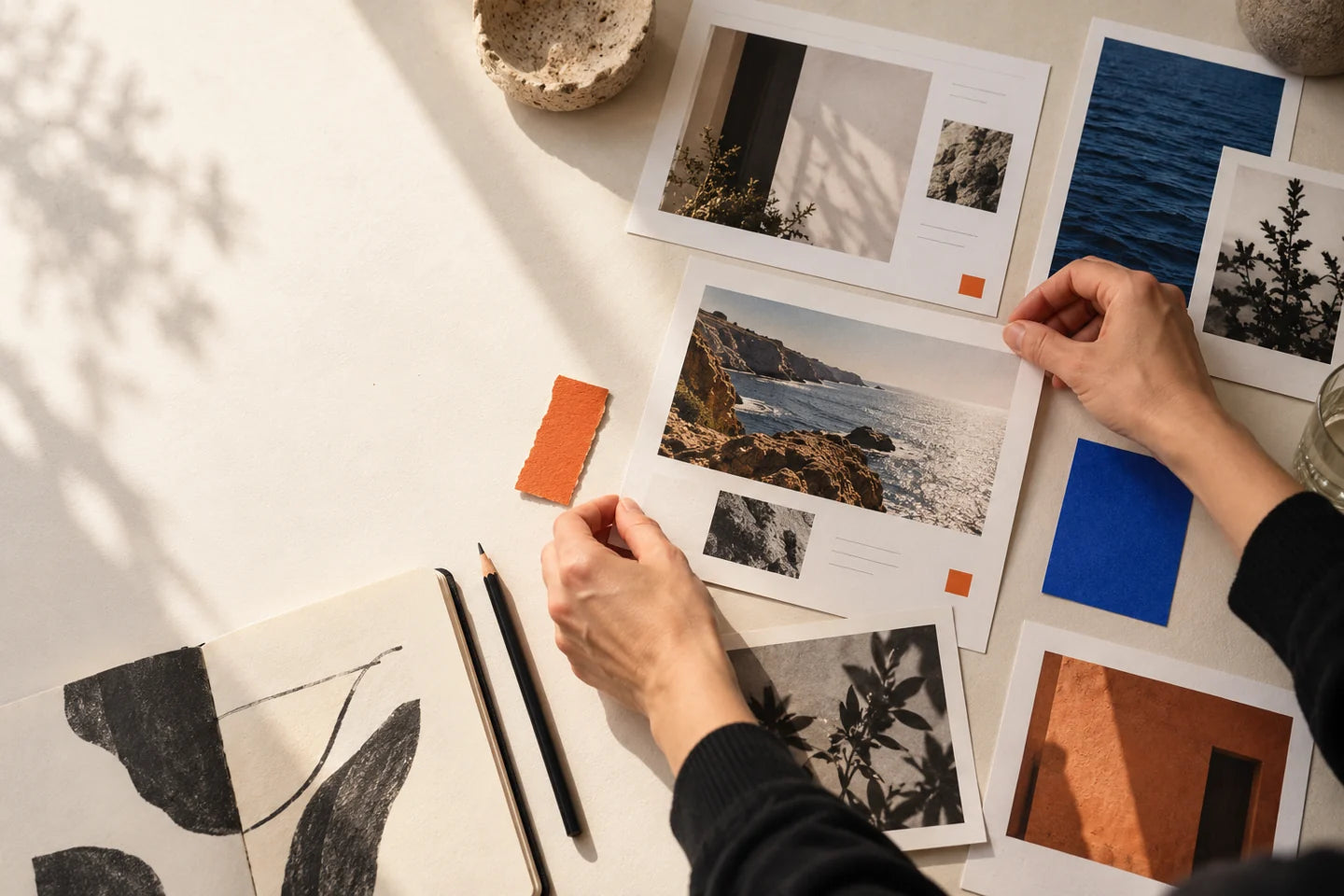 Hands arranging paper layouts and colour samples on a studio table