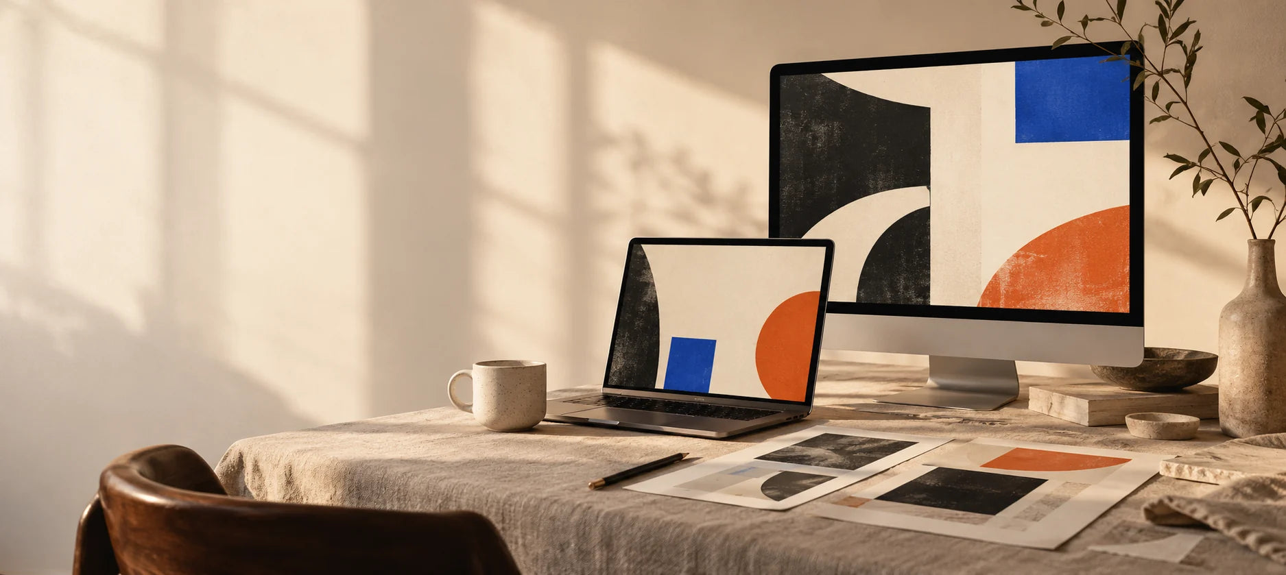 A warm studio desk with paper studies and abstract layouts on screen